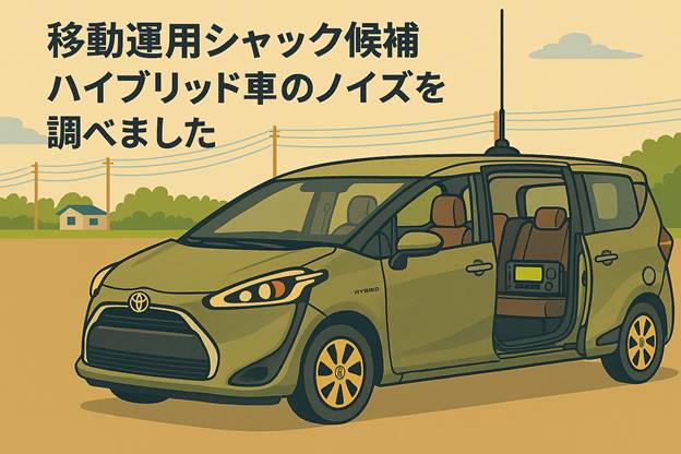ディーラーでハイブリッド車のノイズをテストさせてもらった際のイメージ。シエンタにモービルホイップを立てて車内で測定。