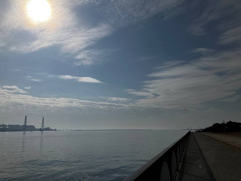衣浦港をはさんだ対岸には火力発電所などが見える。駐車場からモービルホイップで運用。